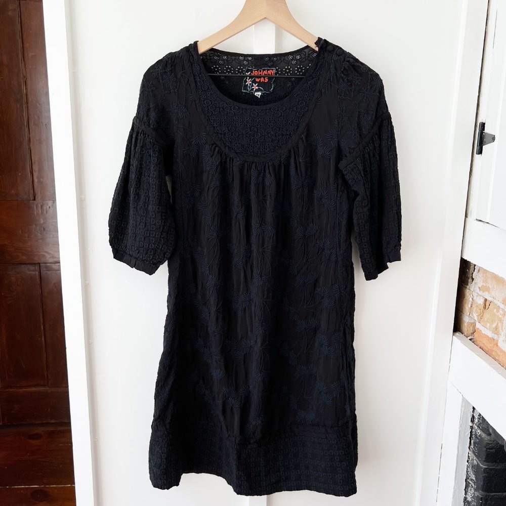 JOHNNY WAS black embroidered midi dress